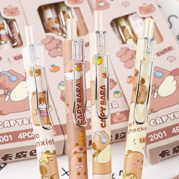 4 Pcs Gel Ink Pens Retractable Pens Cute Capybara Pen 0.5mm Black Ink Pen Writing Pens Office School Supplies for Girls Boys Women Men (Capybara 4Pcs)