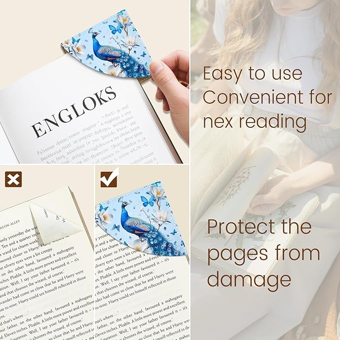 Peacock Corner Bookmarks, Cute Leather Book Accessories for Book Lovers, 3 Pcs Reading Book Page Markers for Women Men Student Teacher Girls Boys Kids Retirement Birthday Gifts