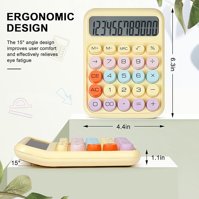 Mechanical Switch Calculator with Big Buttons, Calculators Desktop, 12 Digits, Large LCD Display, Desk Calculator, Cute Pink Calculator for Teachers Students Basic Office (Yellow)