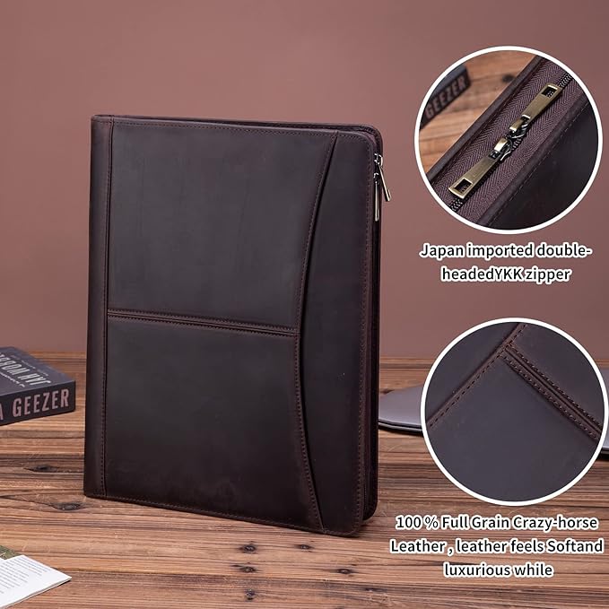 Handmade Crazy-Horse Leather Padfolio Portfolio, Easy to Carry with A Zippered Closure, Business Organizer Tablet Folio Folder with Letter Size Notepad, Gift for Women & Men (Dark Brown)