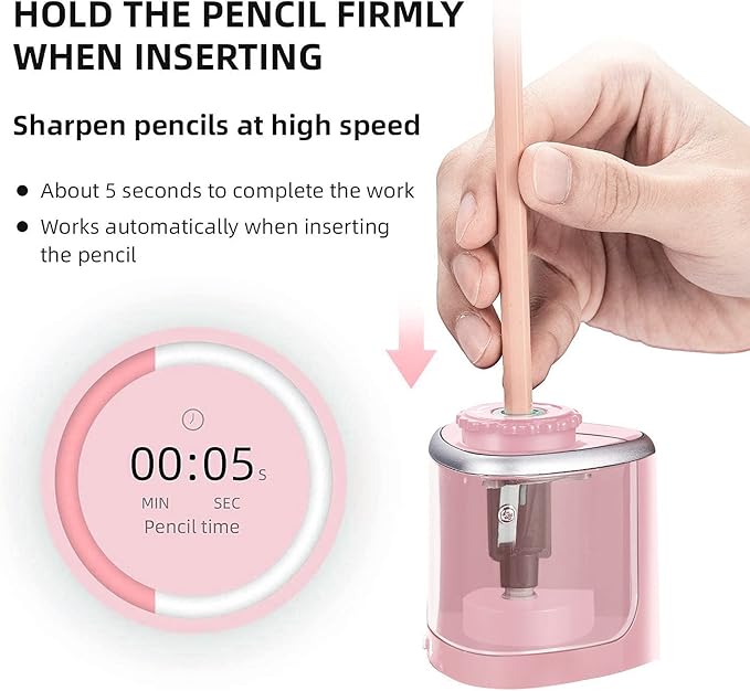 Pencil Sharpener Electric Pencil Sharpener for Kids, Blade to Fast Sharpen, Suitable for No.2/School/Classroom/Office/Home (Pink)