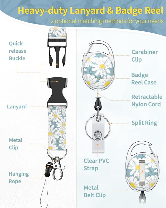 Uniclife 2 Pack Floral Sliding Badge Holder White Blue Flower Plastic Case with Retractable Badge Reel Carabiner Clip and Detachable Lanyard Strap Hard Vertical Card Protector