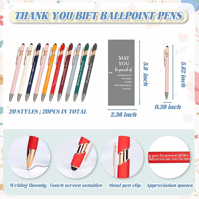 20 Set Employee Appreciation Ballpoint Pens with Inspirational Stylus Tips Cards Team Thank You for Coworkers Team Nurse Teacher Staff Favors