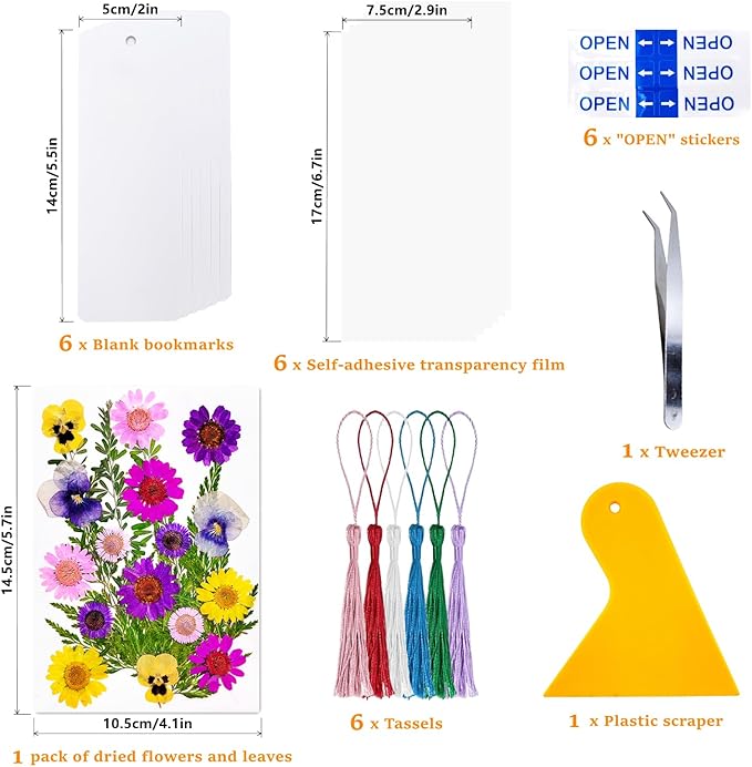 Cardstock Blank Bookmarks Set, 6 Pcs DIY White Craft Bookmarks for Pressed Flowers, Dried Flower Bookmark Making Kit with 22 Pcs Pressed Flowers, 6 Pcs Tassels, DIY Bookmarks for Dried Flowers