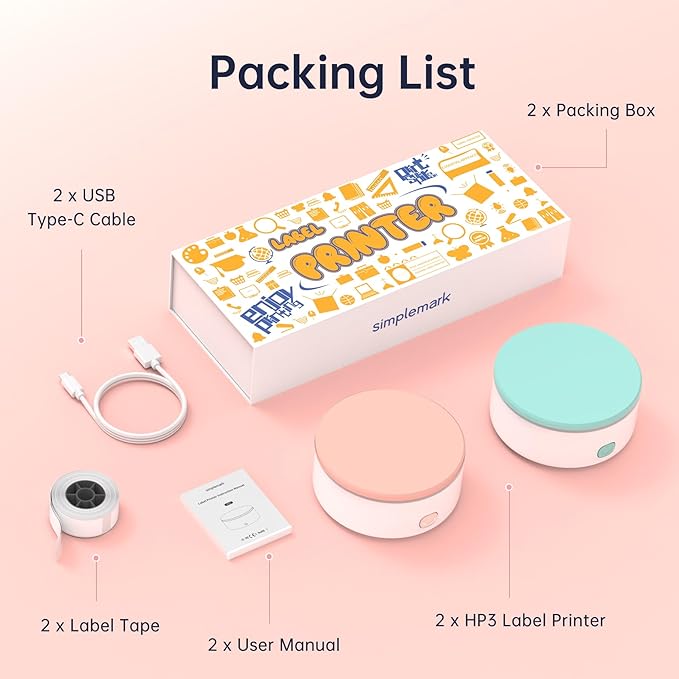 Label Maker Machine with Tape, 2 Pack Portable Mini Label Printer, HP3 Bluetooth Sticker Maker Machine with Multiple Templates, Small Thermal Label Printer, High Precision, Fast Printing, Green + Pink