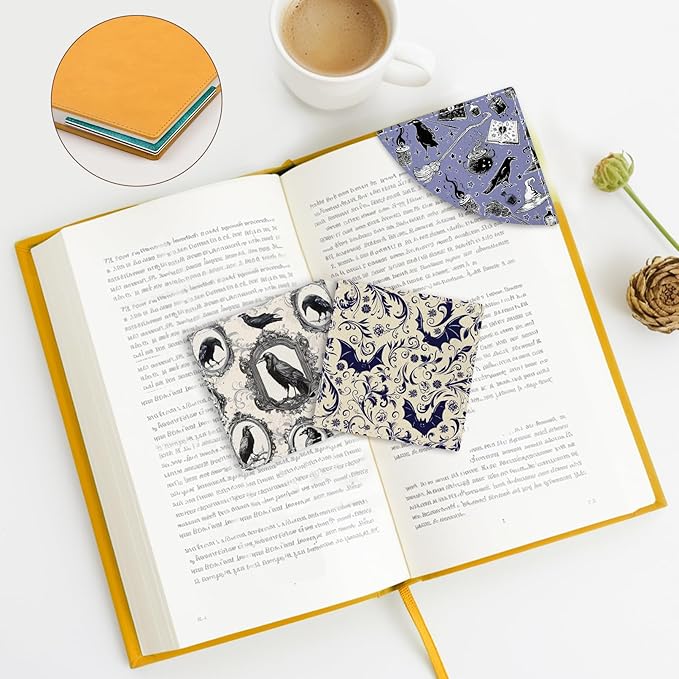 Gothic Crows Bats Corner Bookmarks, Cute Leather Book Accessories for Book Lovers, 3 Pcs Reading Book Page Markers for Women Men Student Teacher Girls Boys Kids Retirement Birthday Gifts