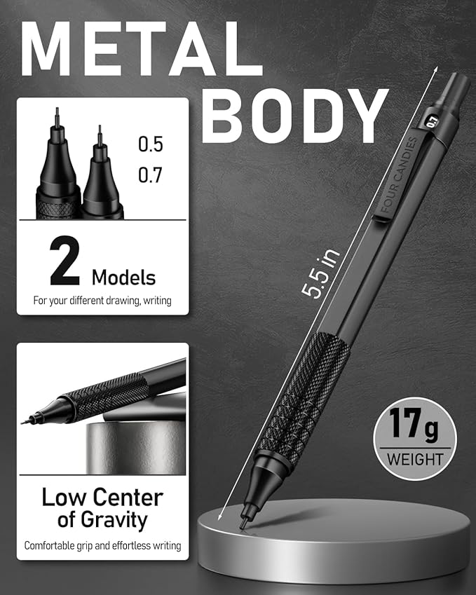 Four Candies 2PCS Metal Mechanical Pencils Set with Case, 0.5mm & 0.7 mm Artist Pencil with 6 Tubes (360PCS) HB Lead Refills, 3 Erasers,9 Eraser Refills For Writing Drafting, Drawing, Black
