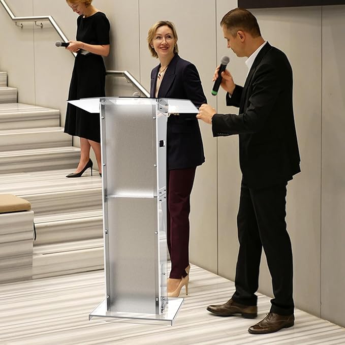 Acrylic Podium Stand With Storage Shelf,Segmented Transparent Lecterns & Podiums,Pulpits For Churches、Conference、Speeches、Weddings、Classroom、Concert,43" H Professional Presentation Podiums