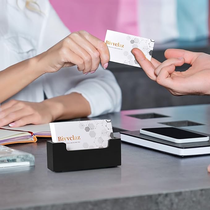 Black Business Card Holder Desk, Wood Business Card Organizer Desktop Business Card Display Stand for Office Tabletop Exhibition, Small Business Essentials