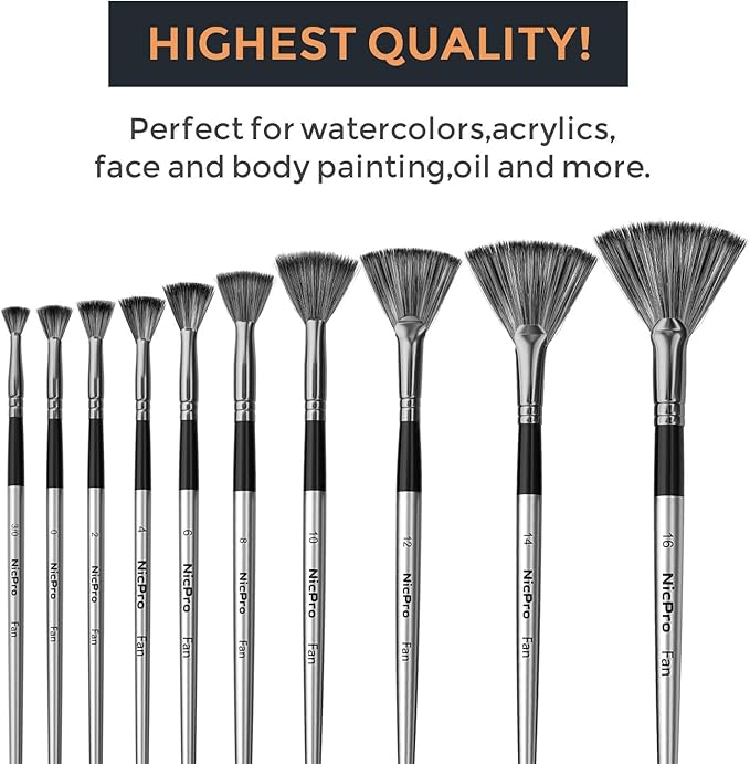 Nicpro Fan Paint Brushes 10 PCS Artist Painting Brush Set Soft Anti-Shedding Nylon Hair Wood Short Handle for Acrylic Watercolor Oil Painting