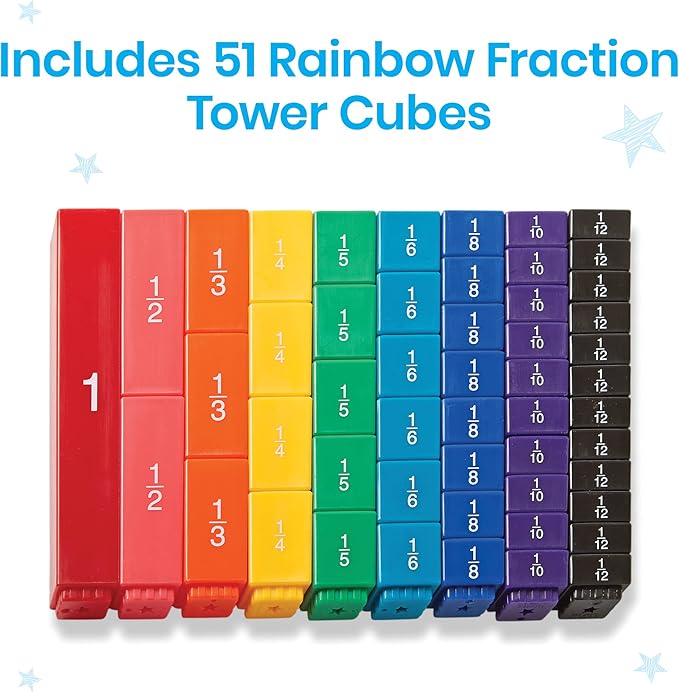 hand2mind Rainbow Fraction Tower Cubes, Fraction Equivalency, Math Blocks, Montessori Math Materials for Kids, Teacher Supplies for Math Classroom, Math Manipulatives 4th Grade (Set of 51)