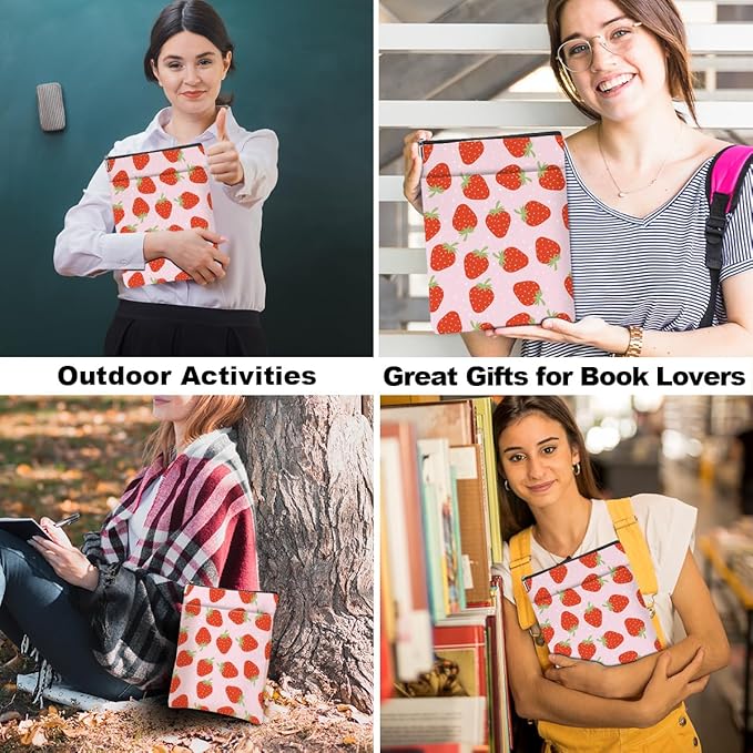Strawberry Pattern Book Lovers Gifts Waterproof Book Sleeve Book Pouch Book Protector with Zipper and Front Pocket BookCover Case for Women Girl Daughter Mom Book Accessories Book Club Gifts