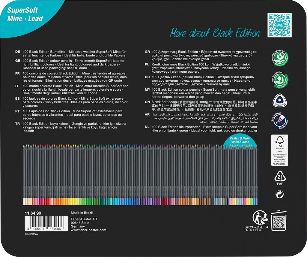 Faber-Castell Black Edition Colored Pencils Tin: Black Wood and Super Soft Core Lead, Art Colored Pencils for Adult Coloring, Teens, Kids and Beginners, Art Drawing Supplies (100 Count)