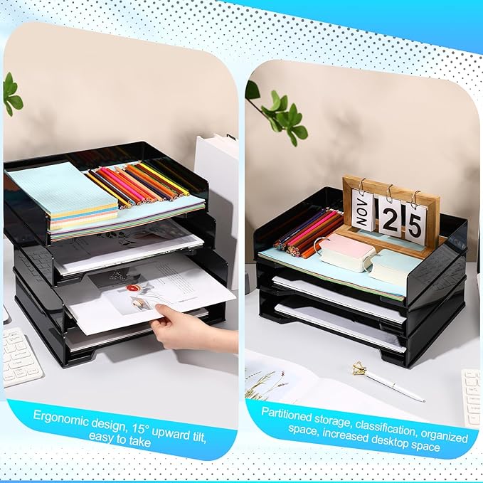 4 Pcs Stackable Letter Tray Rectangular Plastic Desk Organizer 13 x 9.5 x 2.6 in Paper Holder File Tray Accessories Rack for Desktop Office Desk Drawers (Black)