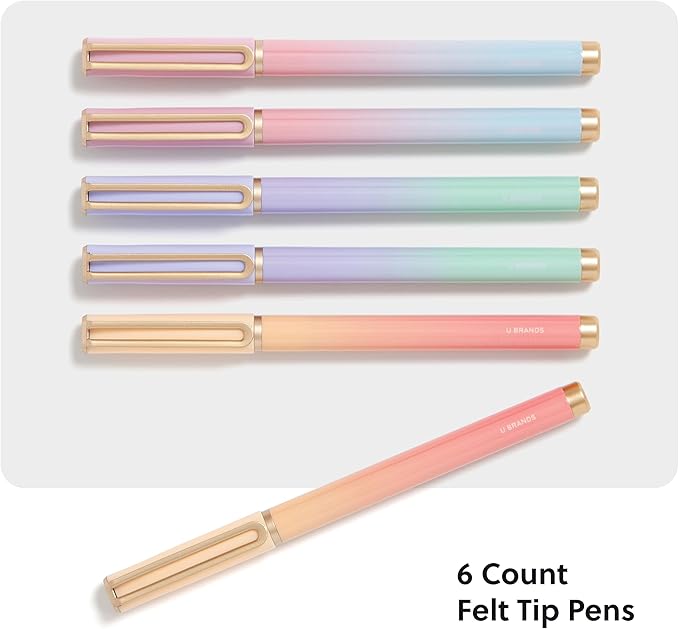 U Brands Catalina Felt Tip Pens, Set of 6, Lucent Dreams, Gold Details, Medium (0.7 mm) Point, Black Ink