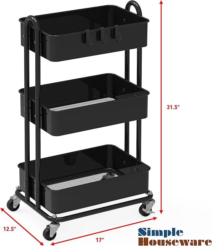 Simple Houseware Heavy Duty 3-Tier Metal Utility Rolling Cart, Black