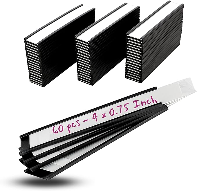 Availey 60 Pack Magnetic 'C' Channel Label Holders for Metal Racks and Shelves with Protective Films and Replacement Strips 4" x 0.75"