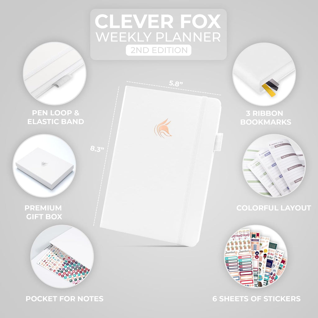 Clever Fox Planner 2nd Edition – Colorful Weekly & Monthly Goal Planner, Time Management & Productivity Organizer, Undated, A5 (White)