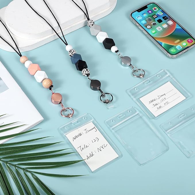 9 in 3 Set Retractable Lanyard for ID Badges with ID Holder Wooden Beaded Lanyards for Women Teacher Appreciation Gifts Office Gift for Coworkers