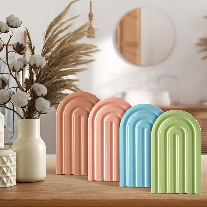 Harloon 4 Pieces Boho Arch Wood Bookends Rainbow Arch Back to School Gift Ideas Non Skid Bookend Decorative Wooden Book Stand Book Stoppers for Books Movies CDs(Bright Color)