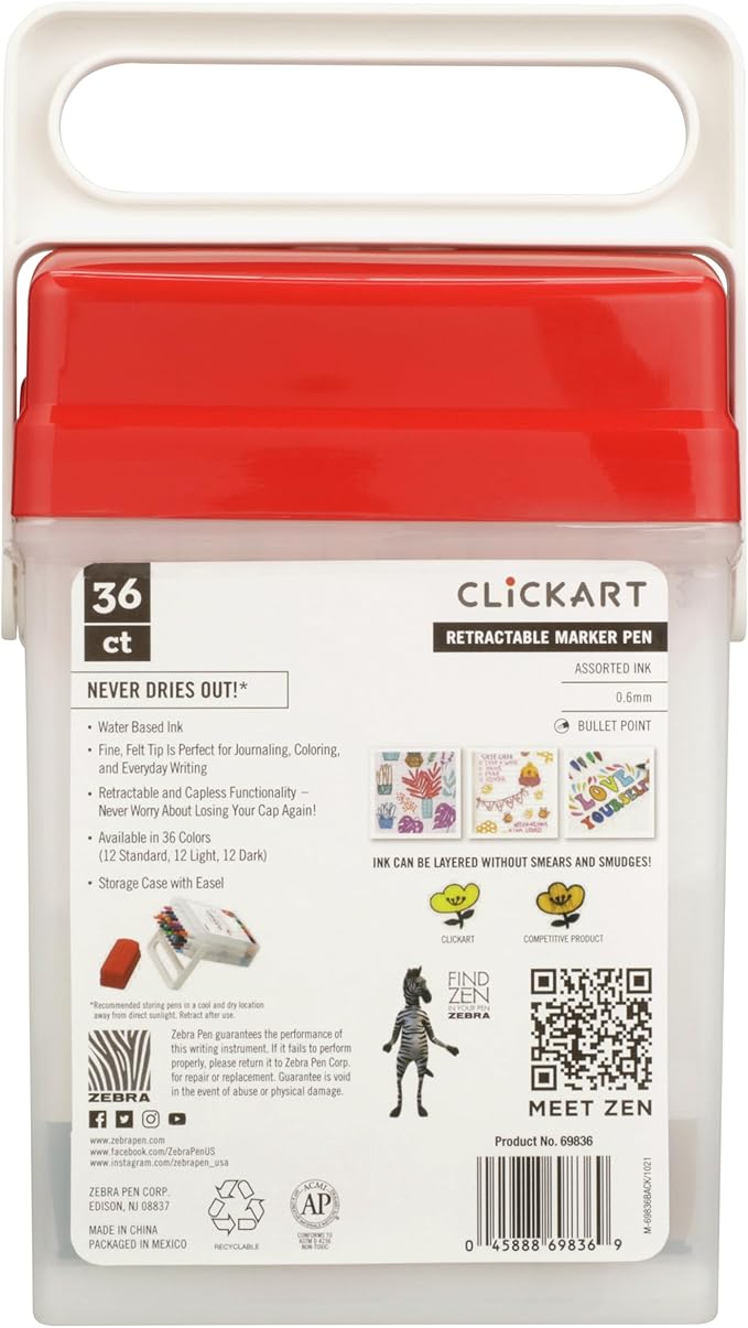 Zebra Pen ClickArt Retractable Marker Pen, Fine Point, 0.6mm, Assorted Standard, Light and Dark Ink Colors, 36-Pack (69836)