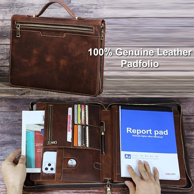 Portfolio Binders - Genuine Leather Padfolio - Business Notebook Organizer w/Zipper and Handle for Resume & Work - Padfolio for Men & Women w/Notepad Fit iPad Pro 12.9" / Portfolio with AirTag Holder