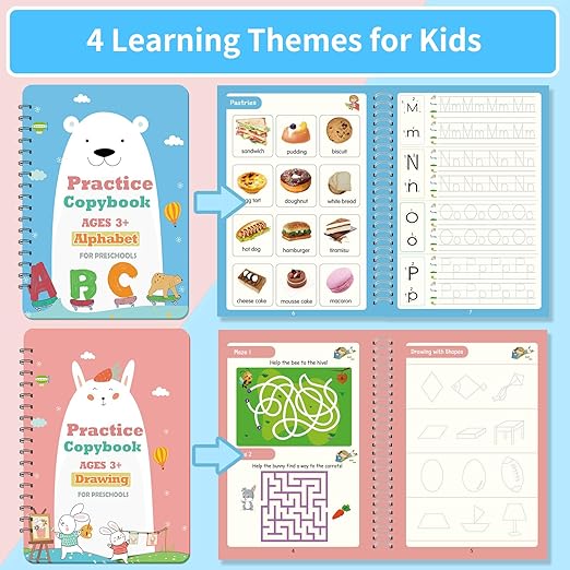 Reusable Grooved Handwriting Practice Workbook,Magic Practice Copybook,Reusable Writing Practice Book, for Preschool Kids Age 3-8 Calligraphy (Blue Bag, 10.3inx7.3in)