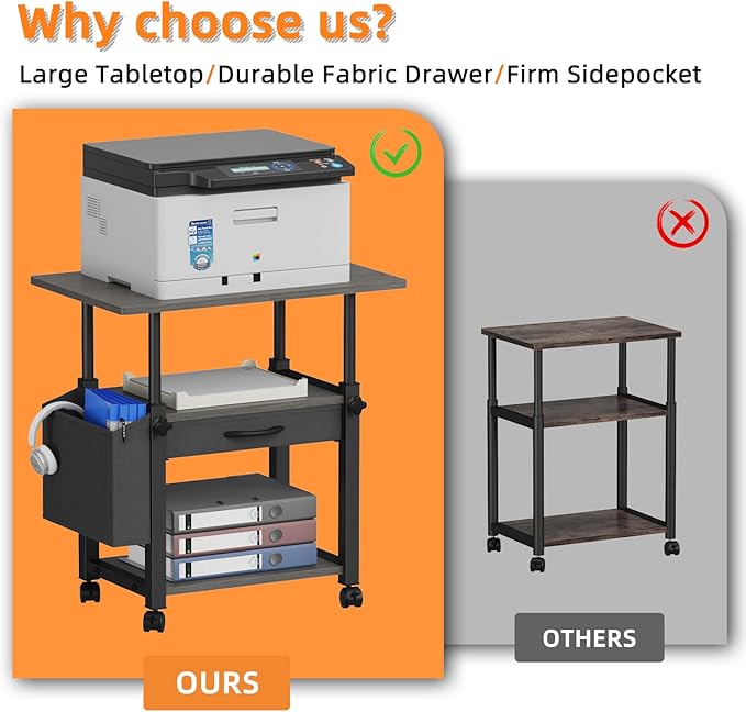 22"x15" Large Printer Stand with Storage Drawer and Side Bag, 3-Tier Height Adjustbale Printer Cart for Home Office, Rolling Printer Table fit Heat Press/Laser printer/3D Printer(Grey)