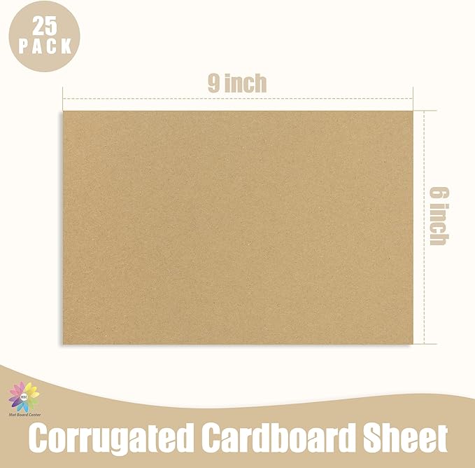 Mat Board Center, 25 pack 6x9 Brown Cardboard sheet, 1/8 inch thick, Flat Corrugated Cardboard Inserts for Packing, Shipping, Mailing, Cardboard Backing, Art Craft Card Board