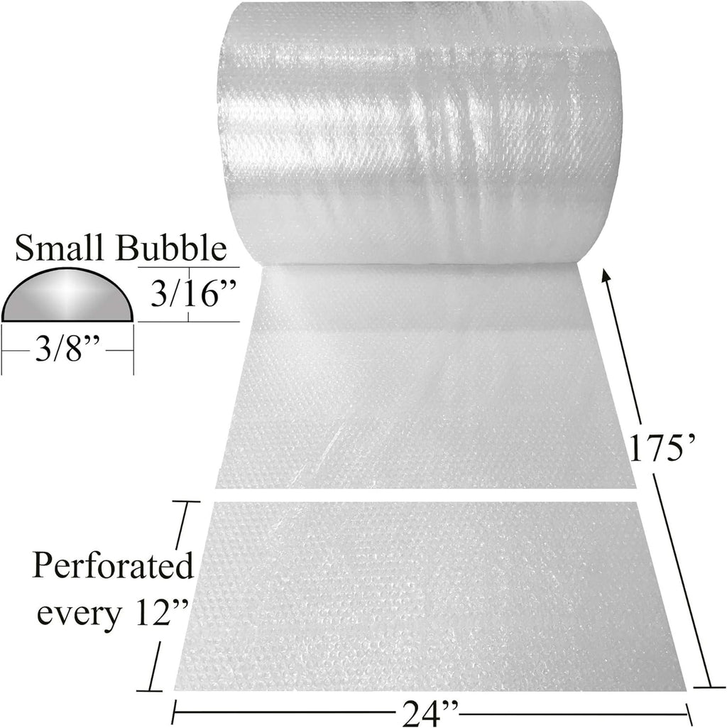 Uboxes Bubble Roll 24 Wide x 175 ft Small Bubbles 3/16 Perforated Every 12, Clear, BUBBSMA24175