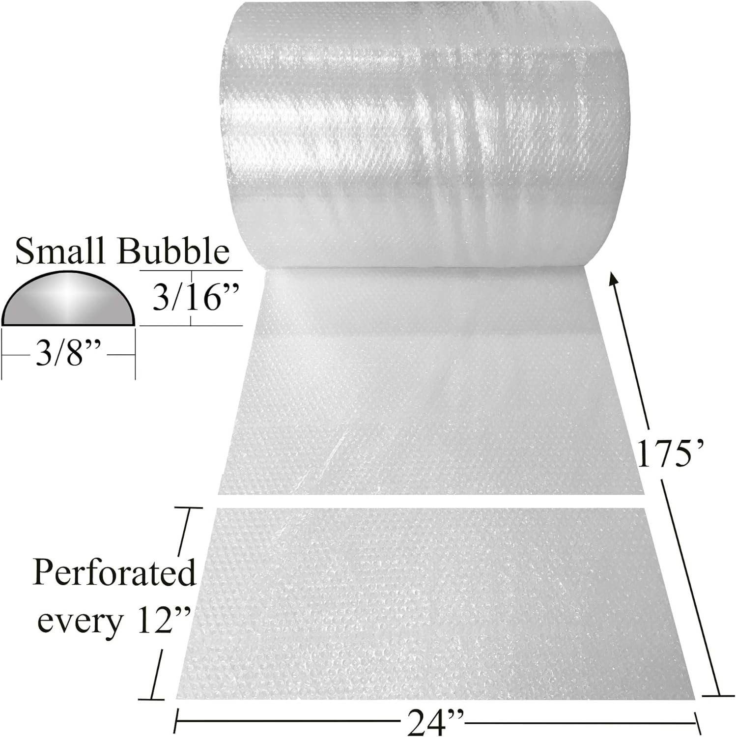 Uboxes Bubble Roll 24 Wide x 175 ft Small Bubbles 3/16 Perforated Every 12, Clear, BUBBSMA24175