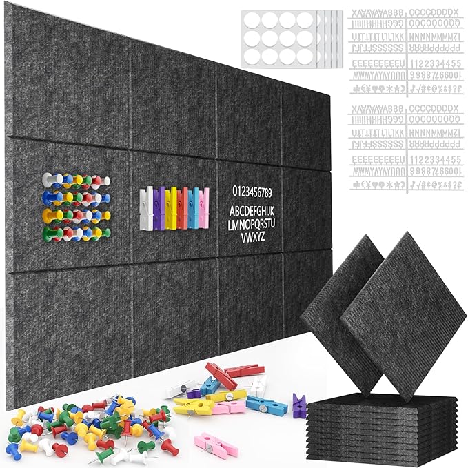 Large Cork Board Alternative 48"x36" Cork Board Felt Wall Tiles 12 Packs Bulletin Board Safe Removable No Damage for Walls Office School Tack Board Felt Letter Board Pin Board with Numbers & Pushpins