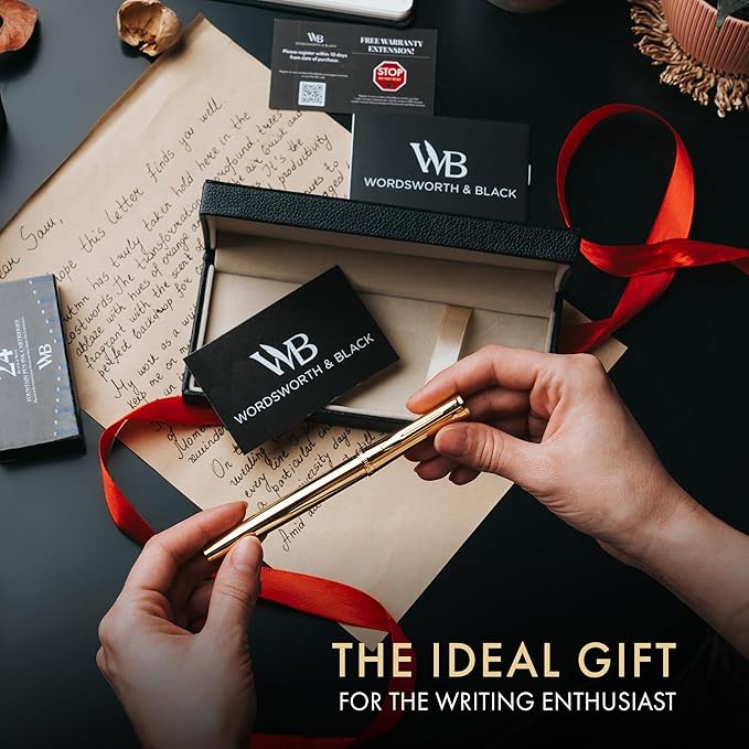 Wordsworth & Black Luxury Fountain Pen - Stunning Gold Pen, 24K Gold Finish,18K Gilded Nib (Medium), Ink Converter, Best Pen Gift Set for Men & Women, Professional, Executive, Office, Nice Pens