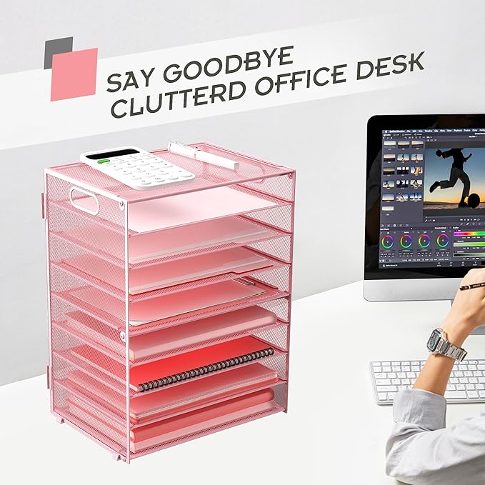 9-Tier Paper Organizer Letter Tray with Handle, Mesh File Organizer Paper Sorter Holder, Desk Organizer for Office Home School, Pink