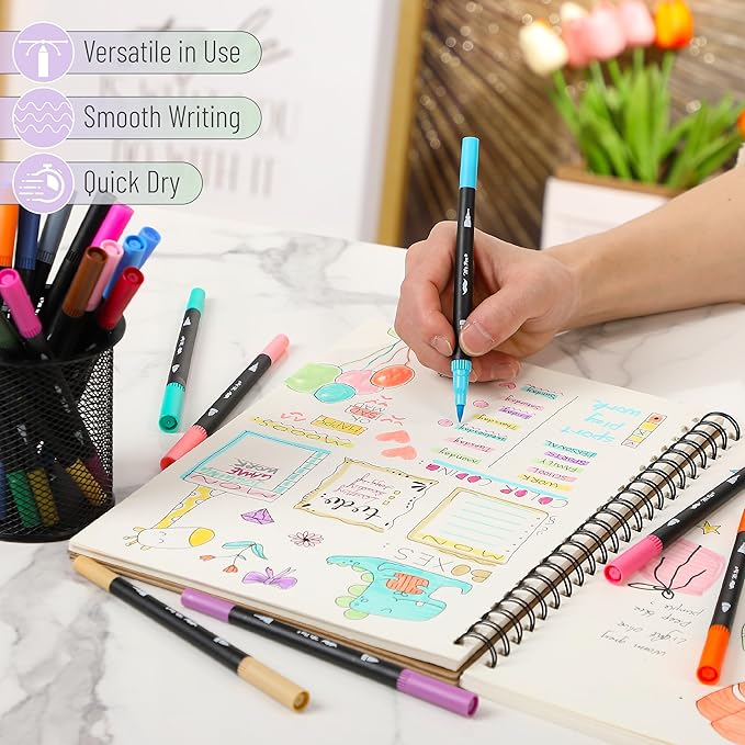 Mr. Pen- Dual Tip Brush Pens, 24 pcs, Assorted Color, Fine & Brush Tip Markers, Markers for Adult Coloring, Coloring Markers for Adults, Adult Coloring Markers, Brush Markers, Dual Tip Markers