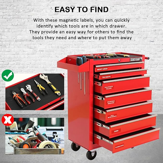 Tool Box Organization Magnetic Labels,Tool Chest Organizer Labels with Strong Magnets,Easy to Read Printing - Fits All Brands of Steel Tool Box Drawers,Red-(72 Pcs, 4 x 1 Inches)