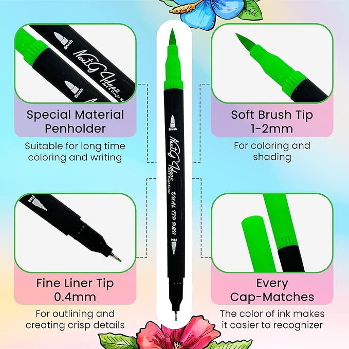 Dual Tip Brush Art Marker Pens, 80 Unique Bright Color, Water-Based Ink, Fineliner & Brush Tip Pens for Arts Lovers Coloring Drawing Book, Calligraphy Writing, Sketching and Doodling