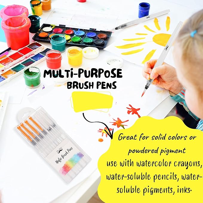 Mr. Pen Watercolor Brush Pens, 6 pcs, Pointed & Flat Tips, Nylon Bristles, White, Refillable, Portable Ink/Water Brush