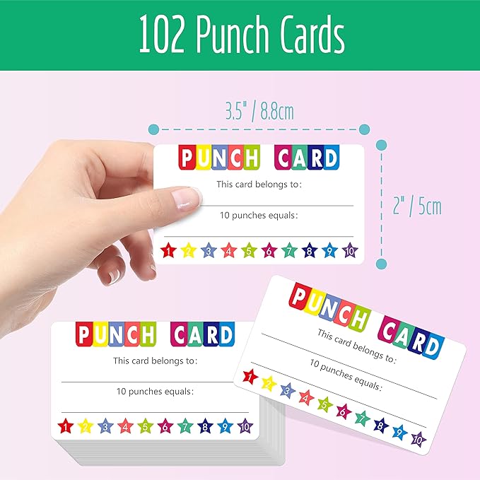 102 PCS Punch Cards, Star Shaped Incentive Reward Cards Business Size Student Award Cards Boost Creativity & Skills Development for Business, Classroom, Kids Behavior, Students, Teachers, 3.5” x 2”