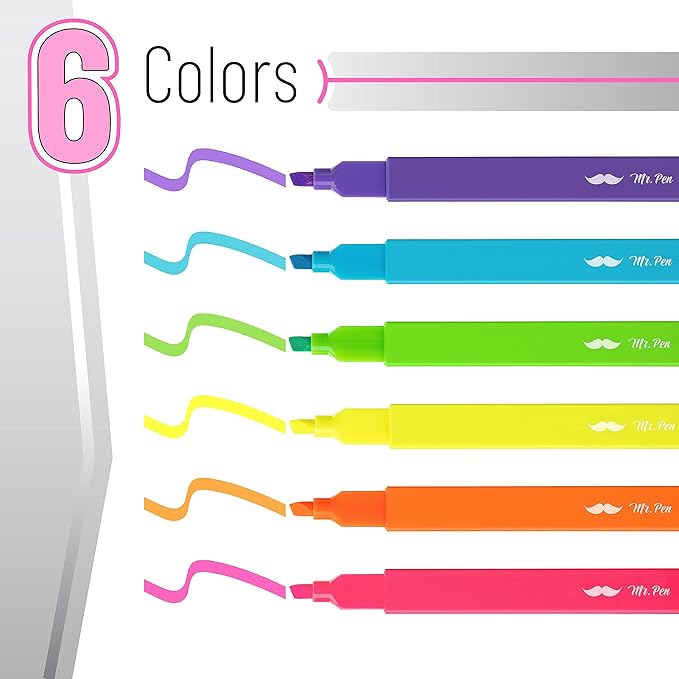Mr. Pen- Aesthetic Highlighters, 6pcs, Chisel Tip, Vibrant Colors, Assorted Colors, No Bleed Cute Highlighters and Pens for Bible Pages, Fluorescent Highlighter