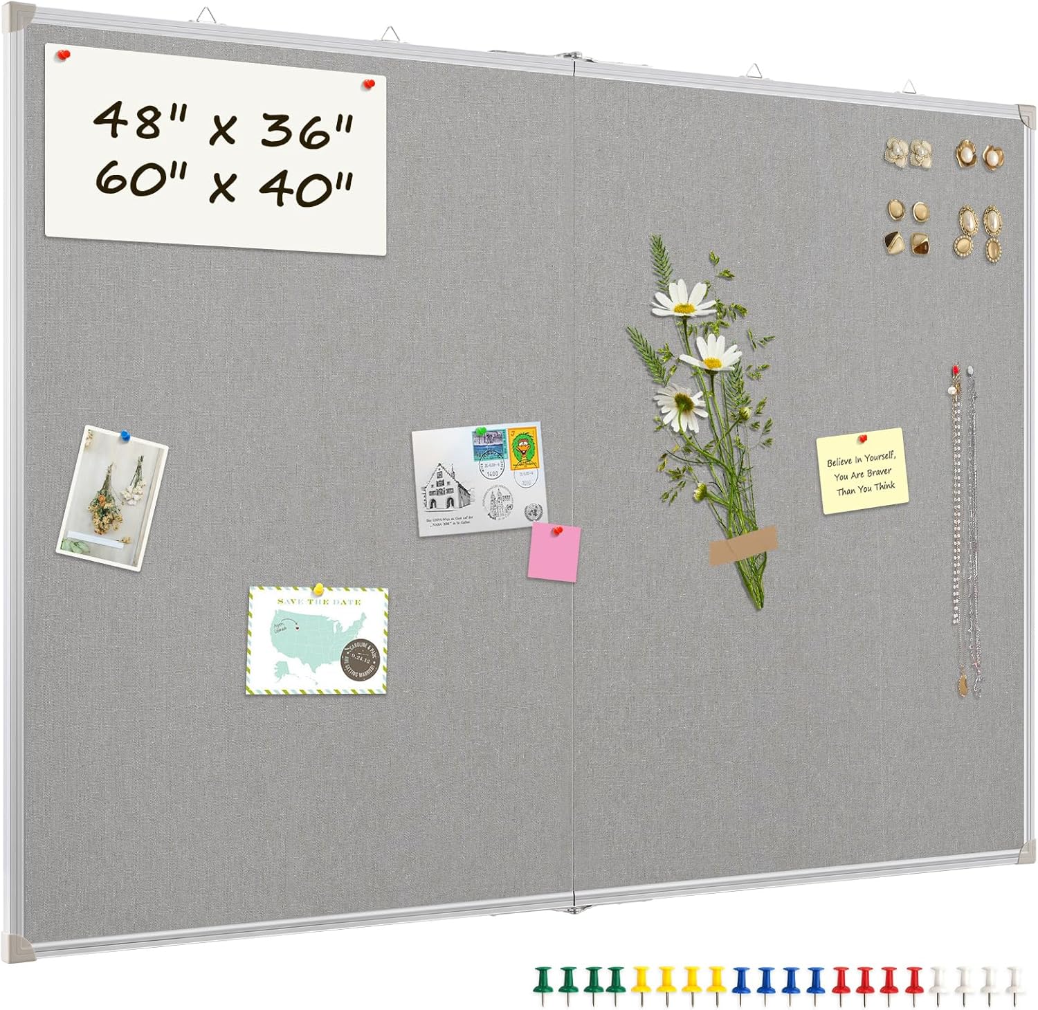 Double-Sided Large Cork Board with Linen, 48" x 36" Foldable Hanging Aluminum Framed Bulletin Board, Vision Board Pin Board Corkboards for Walls, Office, School Decor, 20 Pushpins