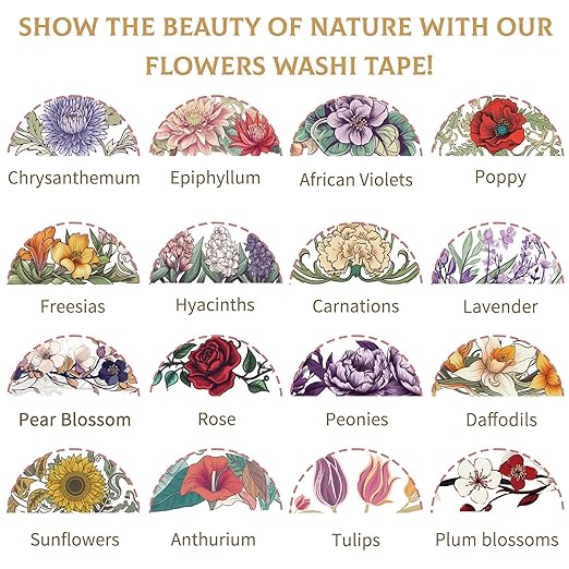 Flower Washi Tape Set, 34 Rolls Floral Tapes for Journaling Supplies, 25mm and 15mm Decorative Tape for Crafts, Christmas Gifts for Moms, Girlfriends, Kids (Rose, Sunflower, Lavender)