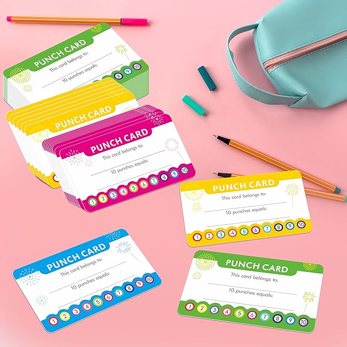 102 PCS Punch Cards, Incentive Reward Card Student Awards Loyalty Cards for Business, Classroom, Kids Behavior, Students, Teachers, 3.5” x 2”, 4 Styles