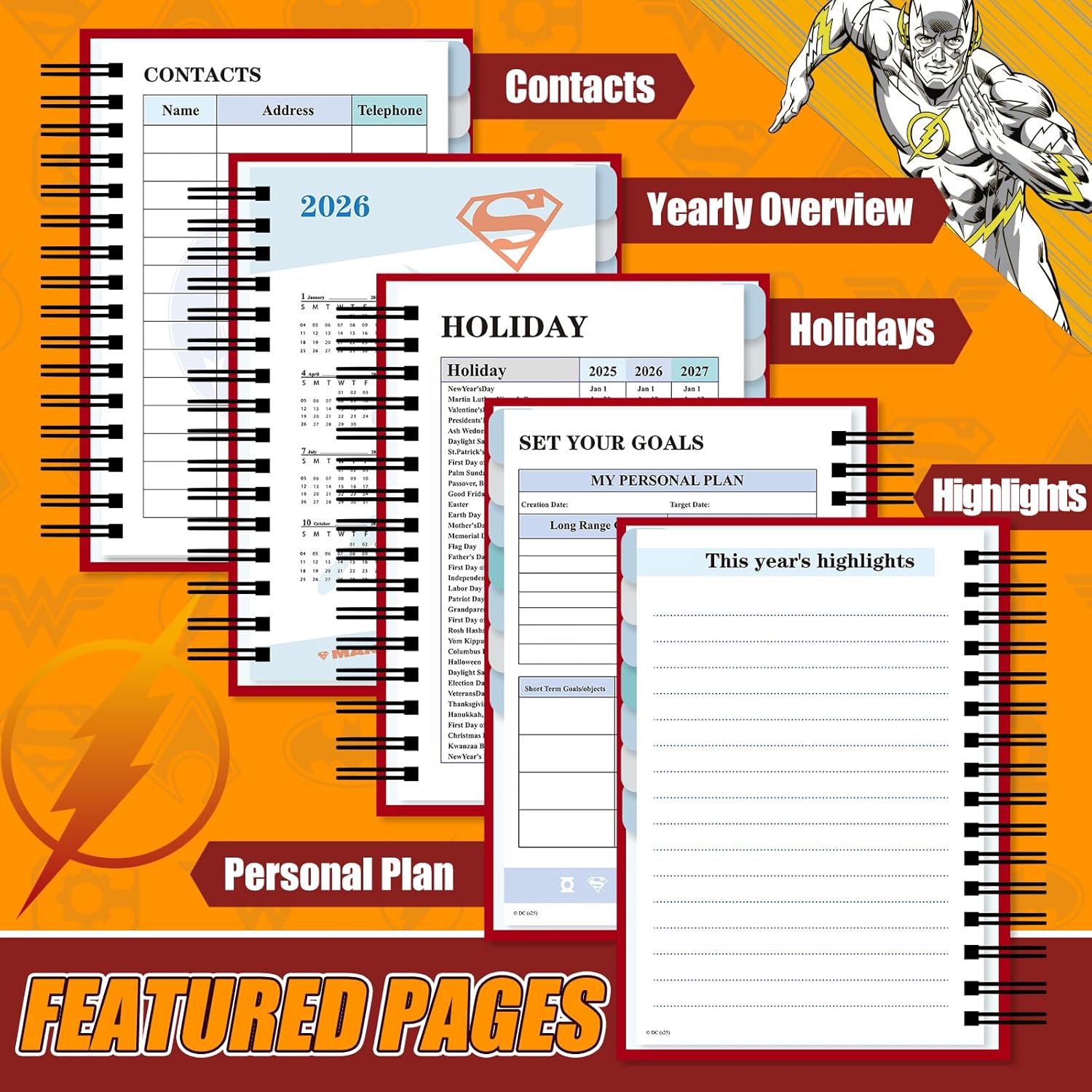 Cool Hero Academic Planner, Weekly Monthly Daily Agenda, Custom Date Organizer for Junior，Senior Students, Spiral Bound Notebook with Colorful Tabs,Datebooks for Time Management (Red and Yellow)