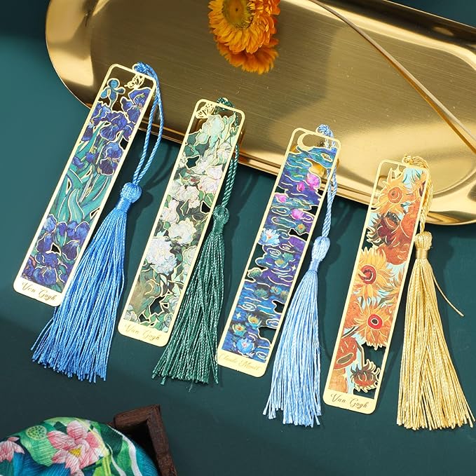 Sibba Book Marks for Book, 4Pcs Hollow Flower Metal Bookmarks with Tassels, Durable Retro Handmade Bookmarks for Women Kids Students Teachers and Book Lovers, Pretty&Increase Reading Interest