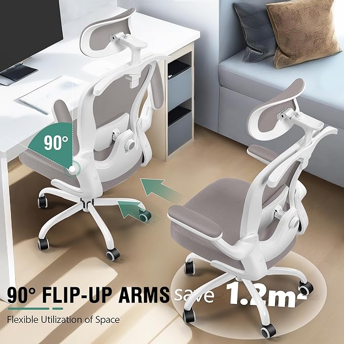 Office Chair, Ergonomic Office Chair with 3D Lumbar Support 3D Headrest, Comfy High Back Home Desk Chairs, Breathable Mesh Computer Chairs with Flip-Up Armrests & Hanger(Gray)