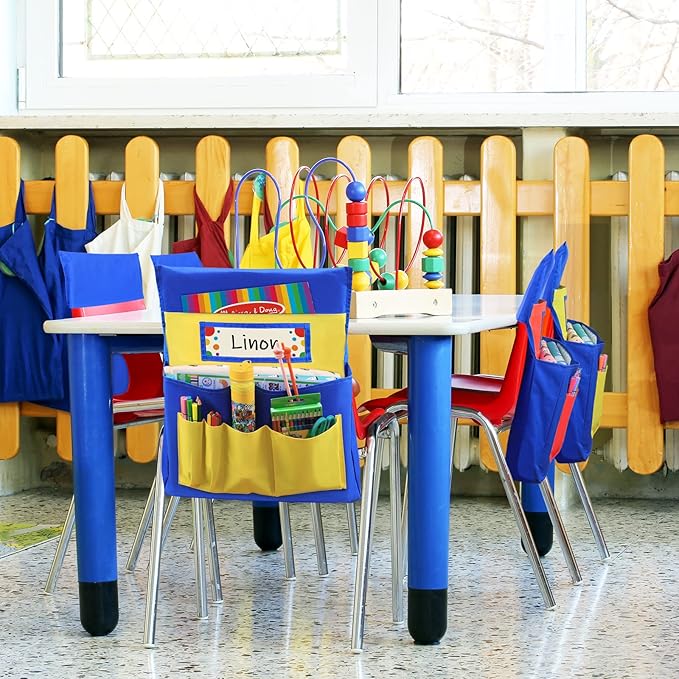 VNOM Chair Back Pocket School Seat Chair Storage Pocket Organizer with Label Slot Multiple Pockets for School Home Classroom Preschool Daycare (Yellow+Blue)