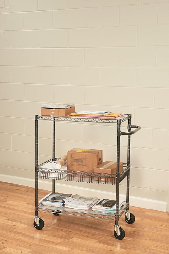 Alera Three-Tier Wire Cart, 34" x 18" x 40", Black