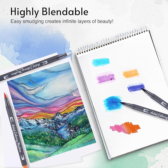 12 Colors Blendable Watercolor Markers,2024 Upgrade Double Tip Paint Pens with 1 Water Brush Pens,Water Based Coloring Makers, Drawing Markers Set with Flexible Brush Tips for Artists and Beginners