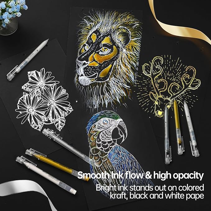 6 Colors Gel Pen Set - Gold, Silver & White Gel Ink Pens for Artists